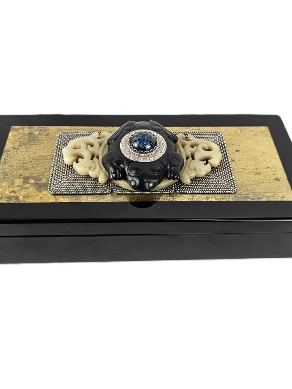 Rare Vintage Ann Cichon embellished Asian inspired Black Onyx Jewelry box 9x4x2